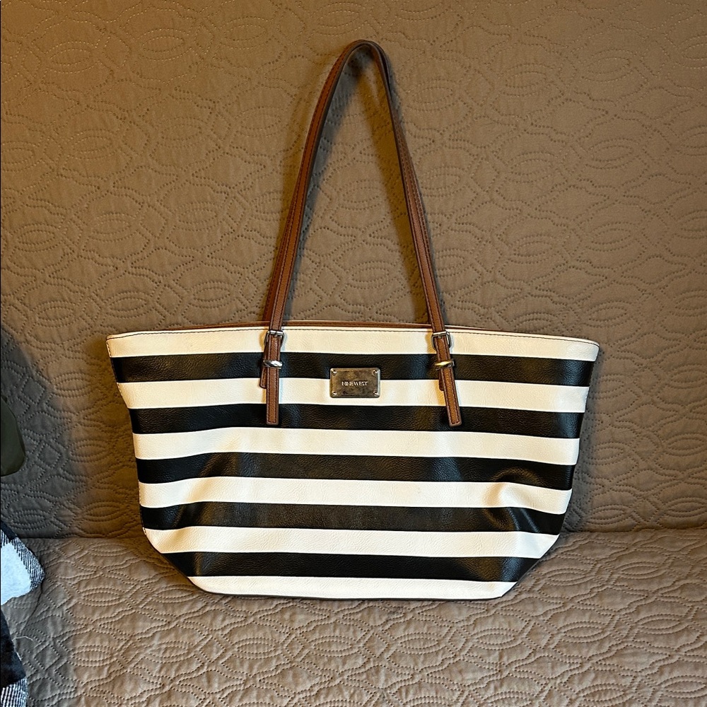 Nine West Black and Cream Striped Tote